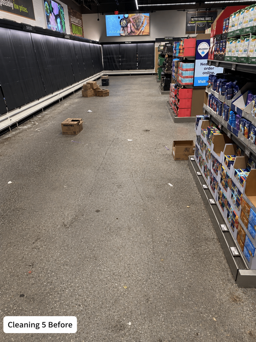 Retail aisle deep clean — before cleaning